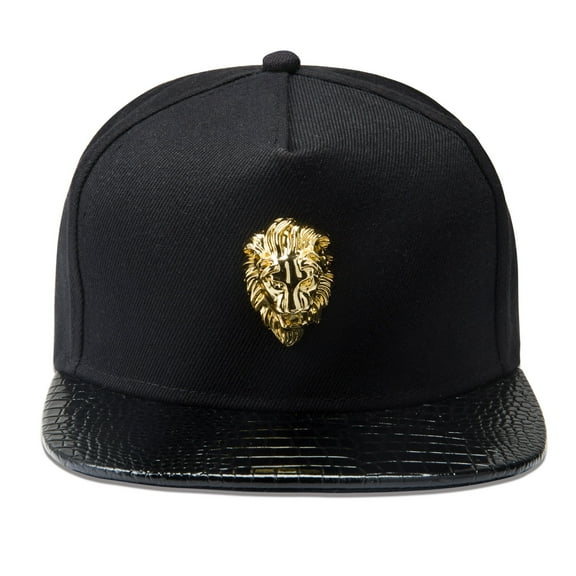 Lion Head Hip Hop Flat Brimmed Hat Men's Baseball Hat with Gold Lion Badge, Metal Badge Street Rap Men's (US, Numeric, 7 3/8, Black)