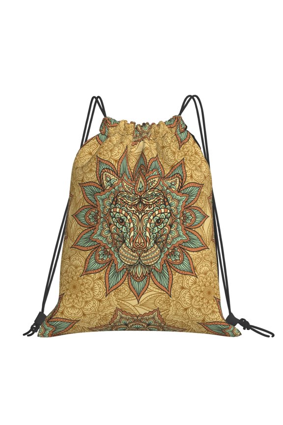 Lion Head Indian Ethnic Large Drawstring Backpack Casual Cinch Sack Bag Backpack for Sports Hiking Travel Gym