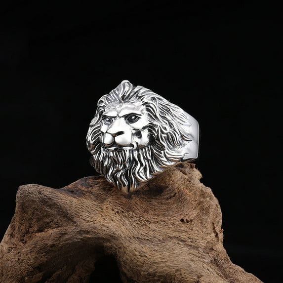 Lion Head Mens Ring Vintage Silver Plated Copper Wide Face Adjustable Statement Ring Dominant Animal DesignPro