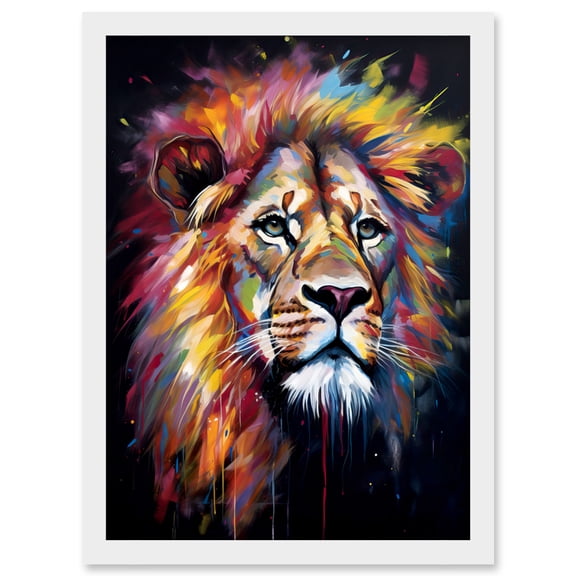 Lion Head Oil Painting Rainbow Colour Mane Hair Vibrant Portrait Artwork Framed Wall Art Print A4