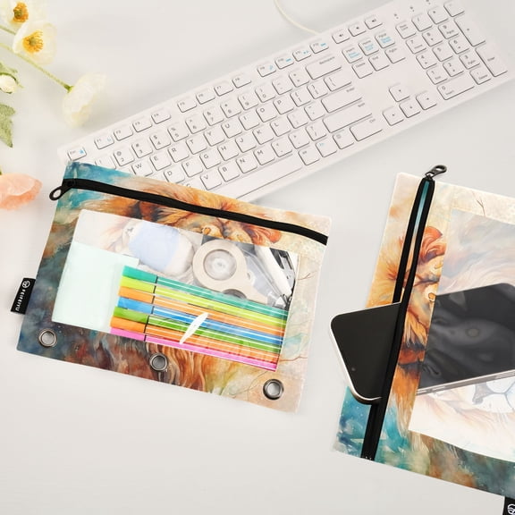 Lion Head Painting 2 Pack Pencil Pouches Zipper Pencil Case 3 Ring Pencil Pouch Cosmetic Bag