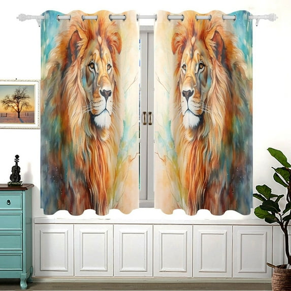 Lion Head Painting Curtain Black Out Thermal Insulation Curtains Aesthetic 54 Inch Length for Bedroom Living Room 2 panels set