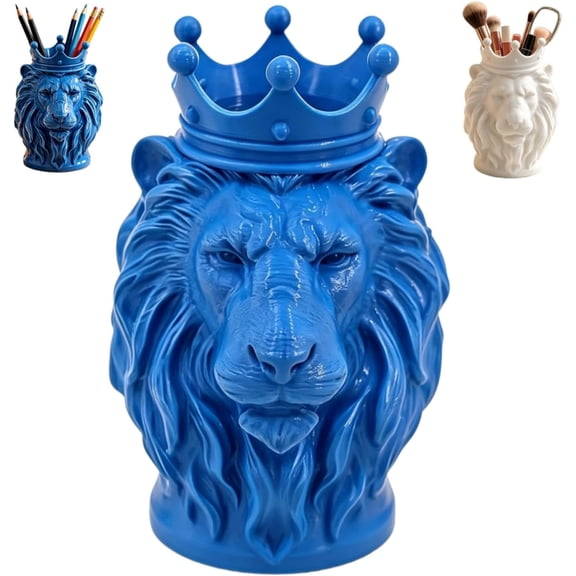Lion Head Pen Holder With Crown, Animal Shaped Desk Organizer Pencil Cup, Unique Sculpted Office Decor For Men Boss And Managers, Sturdy Plastic (Blue)