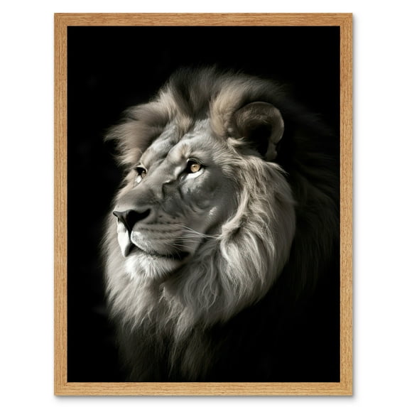 Lion Head Portrait Dramatic Photograph Strong Leo Dark Atmospheric Light Art Print Framed Poster Wall Decor 12x16 inch