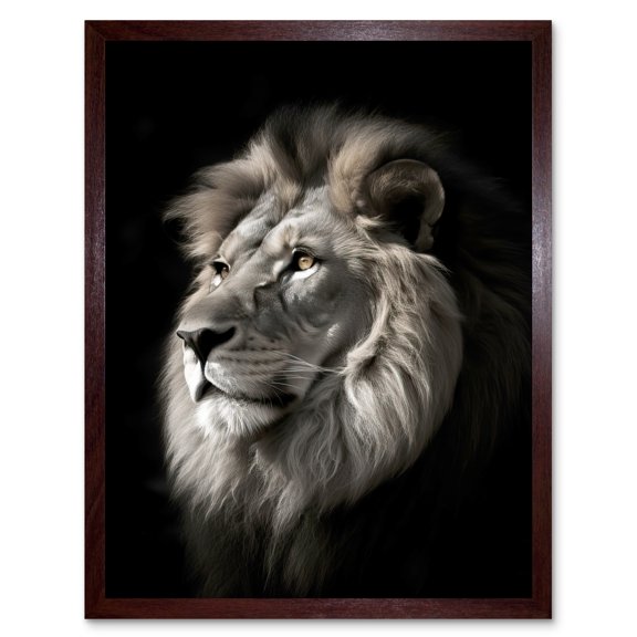 Lion Head Portrait Dramatic Photograph Strong Leo Dark Atmospheric Light Art Print Framed Poster Wall Decor 12x16 inch