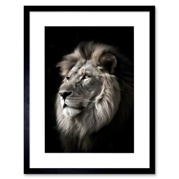 Lion Head Portrait Dramatic Photograph Strong Leo Dark Atmospheric Light Artwork Framed Wall Art Print 9X7 Inch