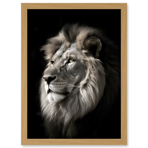 Lion Head Portrait Dramatic Photograph Strong Leo Dark Atmospheric Light Artwork Framed Wall Art Print A4