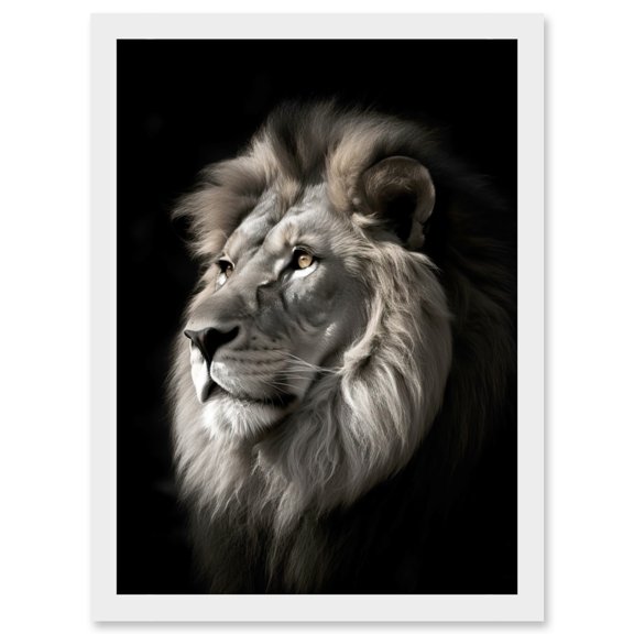 Lion Head Portrait Dramatic Photograph Strong Leo Dark Atmospheric Light Artwork Framed Wall Art Print A4