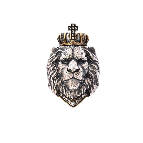 Lion Head Ring for Men, Punk Animal King Crown Lion Ring, Hip Hop Lion Head with Crown Rhinestones Crystal Biker Ring, Lion Totem Ring, Amulet Ring, Gothic Jewelry Gift for Men