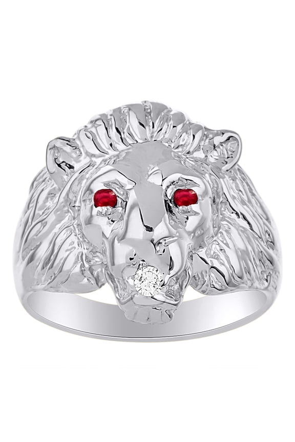 Lion Head Ring set with Genuine Diamond in mouth & Natural Rubies in eyes White Gold Plated over Sterling Silver .925
