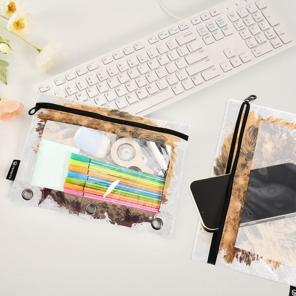 Lion Head Trees 2 Pack Pencil Pouches Zipper Pencil Case 3 Ring Pencil Pouch Cosmetic Bag