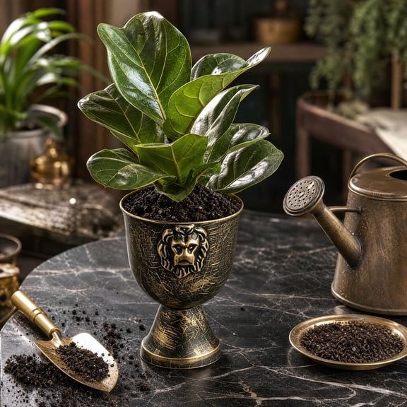 Lion Head Urn Planter, 8.66 x 5.51 x 5.51 Inch Iron Goblet Vase with Raised Antique Lion Detail, Decorative Flower Pot for Floral Arrangements Tabletop Mantel Home Decor Gift