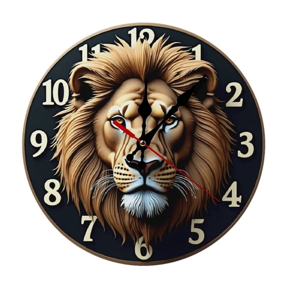 Lion Head Wall Clock 10 Inch Silent Non Ticking Round Wooden Clock Decoration for Living Room Kitchen Bedroom Bathroom Office Classroom