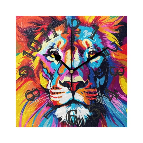 Lion Head Wall Clock Square Silent Non Ticking Battery Operated Clock for Home Bathroom Kitchen Bedroom Living Room