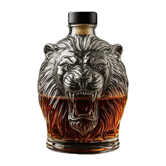 Lion Head Whiskey Decanter - 11oz Lead-Free Glass Liquor Dispenser, Animal Profile Wine Decanter for Scotch Bourbon, Home Bar Decor & Gift