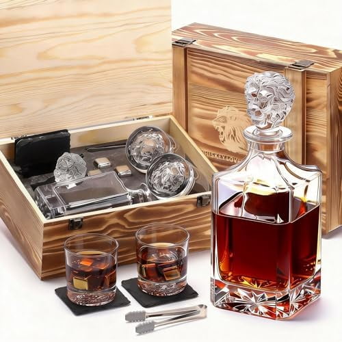 Lion Head Whiskey Decanter Set by Whiskey Gift Set - 24oz 750 ml with GlassesWhiskey Stones, Coasters and Tong Whiskey Gifts for Men, Husband, Dad, BoyfriendChristmas