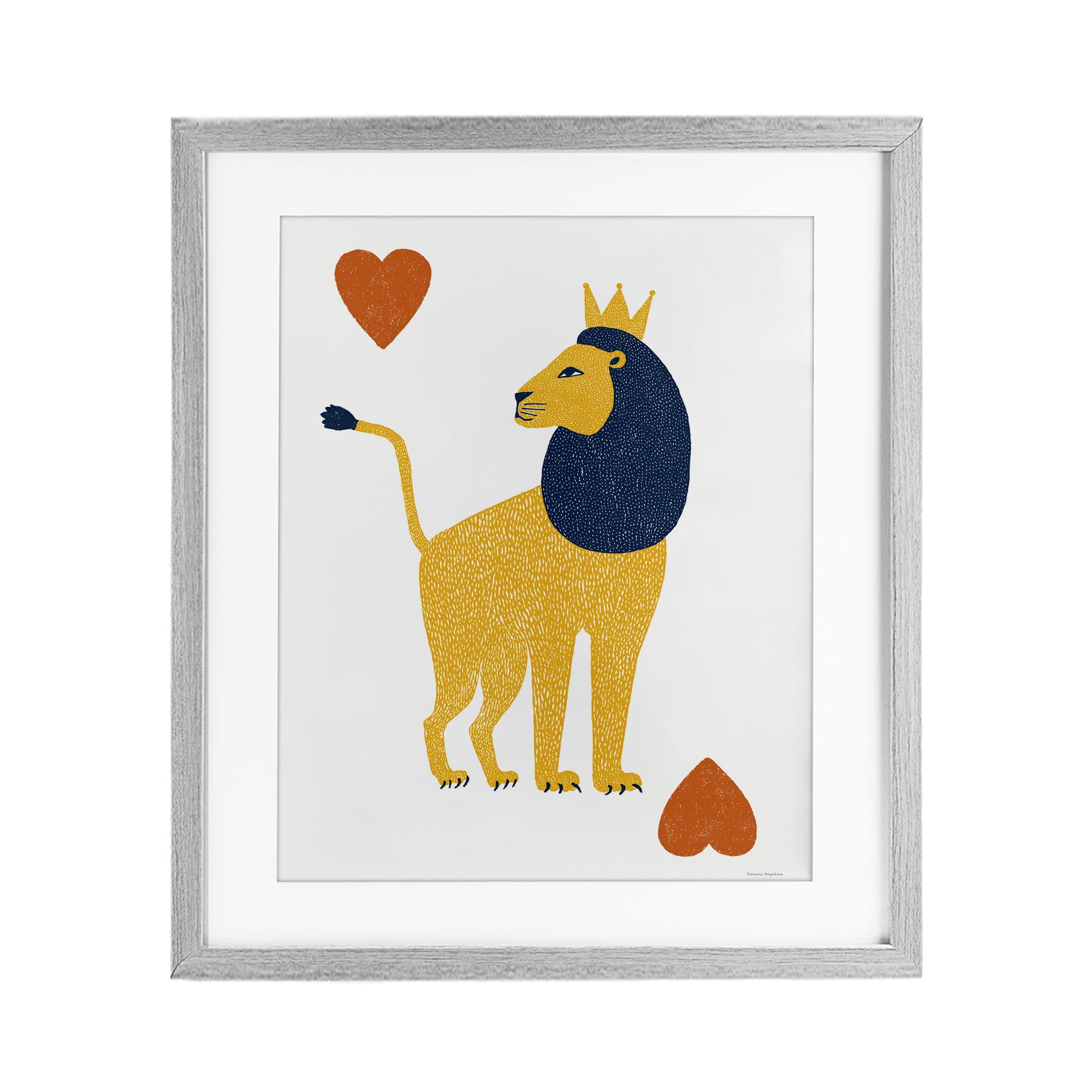 Lion & Hearts Card Gray Framed Print Under Glass, design by Svetlana Aleynikova