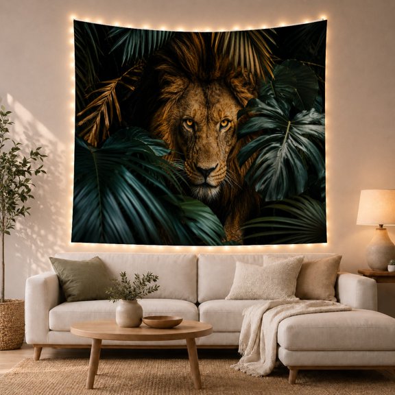 Lion Hiding Among Dark Tropical Leaves, Dramatic Rustic Style for Wildlife Lovers, Wildlife Wall Art, Housewarming Gift, Tapestry Wall Hanging for Bedroom and Living Room