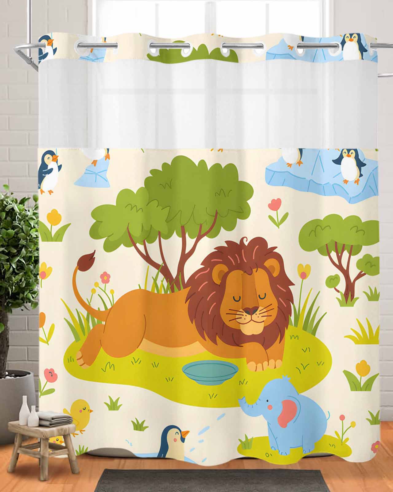 Lion No Hook Shower Curtain with Snap in Liner, Animal Tiger Elephant