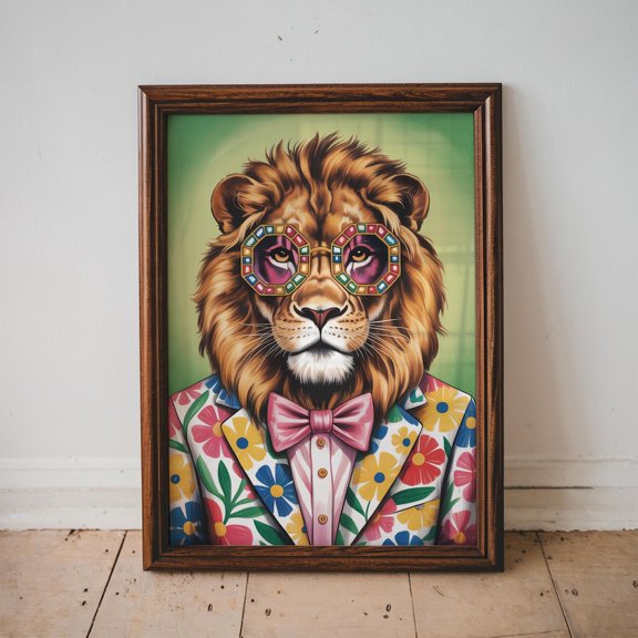 Lion In A Colorful Suit, Animal Wall Art, Colorful Room Decor, Elegant Wall Art, Bar Decor,, Unframed Poster Size 8x12