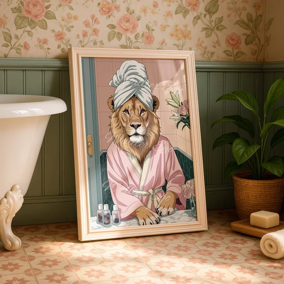 Lion In Robe Art Poster: Bathroom Spa Decor, Unframed Poster Size 8x12