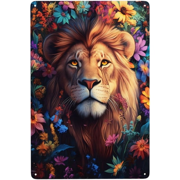 Lion In The Garden Metal Tin Sign Nature Wildlife Wall Art Aluminum Poster 8x12 Inch for Living Room Office Bedroom
