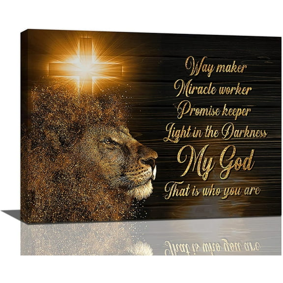 Lion of Judah Wall Art Shiny Lion Christian Religious Painting Canvas Wall Decor Lion Quotes Painting Print Way Maker Artworks Modern Home Framed for Living Room Bedroom Bathroom 12"x16"