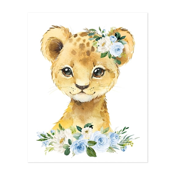 Lion, Jungle Animals, Safari Animals, Blue Flowers, Boy Nursery - Illustration Animal Watercolor Floral Wildlife Flowers Whimsical Unframed Wall Art Print 36 x 48 inches