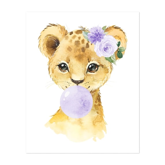 Lion, Jungle Animals, Safari Animals, Bubble Gum, Purple Flowers, Gender Neutral Nursery - Illustration Animal Watercolor Whimsical Floral Wildlife Unframed Wall Art Print 30 x 40 inches
