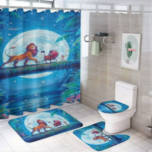 The Lion King 4 Piece Shower Curtain Set with Non-Slip Rugs, Toilet Lid Cover and Bath Mat, Cartoon Bathroom Decor Waterproof Shower Curtain with 12 Hooks, 72 x 72inch