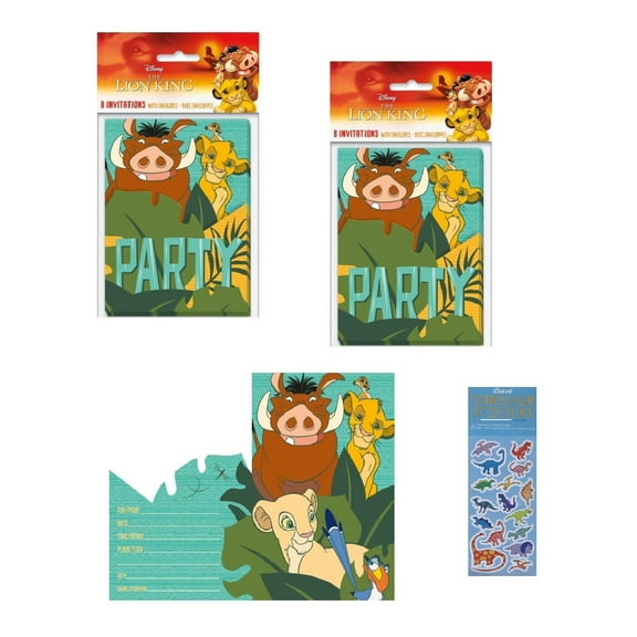 Lion King Birthday Baby Shower Party Supplies Bundle includes 16 Party Invitations with Envelopes and 1 Dinosaur Sticker Sheet