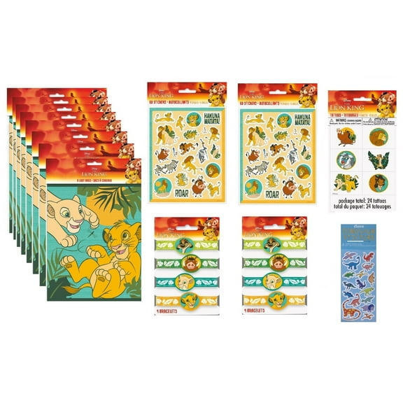 Lion King Birthday Baby Shower Party Supplies Bundle includes 8 Plastic Favor Loot Bags, 8 Rubber Bracelets, 8 Sticker Sheets, 24 Tattoos, 1 Dinosaur Sticker Sheet