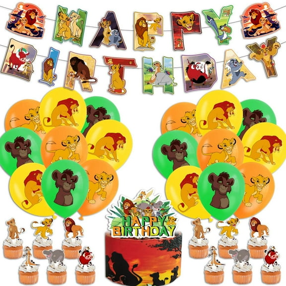 Lion King Birthday Party Decorations Lion King Theme Birthday Party Supplies Include 1pc Happy Birthday Banner, 16pcs Balloons, 12pcs Cake Toppers and 1pc Cupcake Toppers