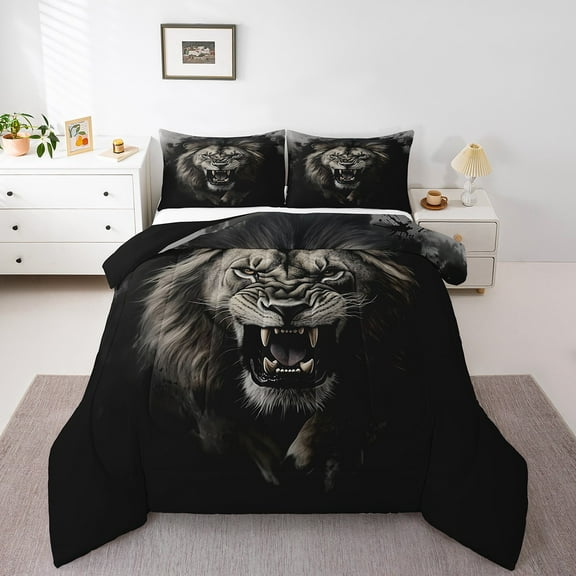 Lion King Comforter Set Men,3D Howling Lion Bedding Set Safari Animal Down Comforter Teen Retro Grassland Wildlife Quilt Set 3 Pcs