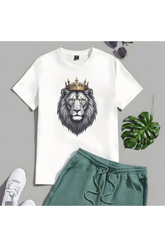 Lion King Graphic - 220g Heavy Cotton T-Shirt, Regal Lion With Crown Design, Pm Quality, Me5