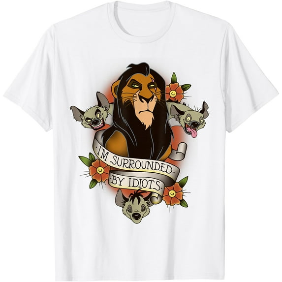Lion King Scar and Hyenas I'm Surrounded By Idiots DTG Print Unisex T-Shirt,White Color,Size 3XL