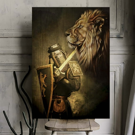 Lion and Knight Canvas Wall Art – Medieval Warrior with Sword and Lion Symbol, Christian Courage and Strength Home Décor, Inspirational Artwork, Ready to Hang