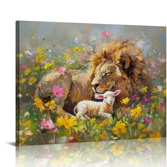 The Lion and the Lamb Canvas Wall Art print ，Jesus Lamb of God ， Christian Canvas Wall Art painting, Jesus Painting, Christian Canvas Wall Art for Living Room Bedroom Home Decor
