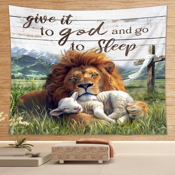 Lion and Lamb Tapestry Christian Scripture Bible Verse God Wall Art 59Wx51H Inch Rustic Rural Farmhouse Wood Board Cross Mountain Grass Wall Hanging Bedroom Living Room Dorm Decor Fabric
