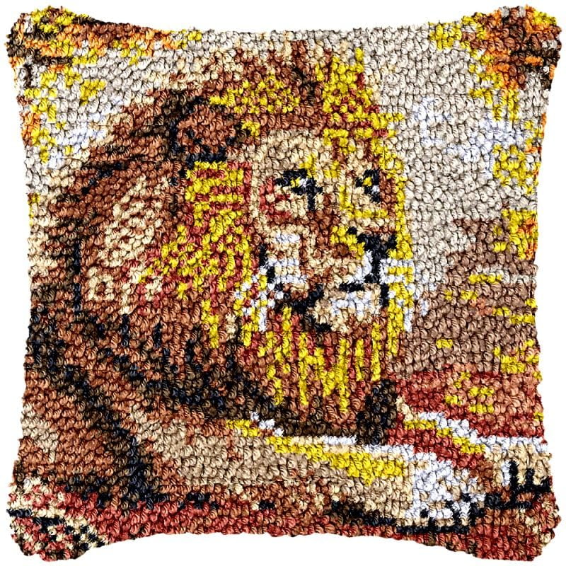 Lion Latch Hook Pillow Cover Kits for DIY Handmade Throw Pillow Cross Stitch Latch Hook Pillowcase Rug Kits with Preprinted Color Pattern Canvas Crochet Yarn Kits 17''X 17''(ys76)