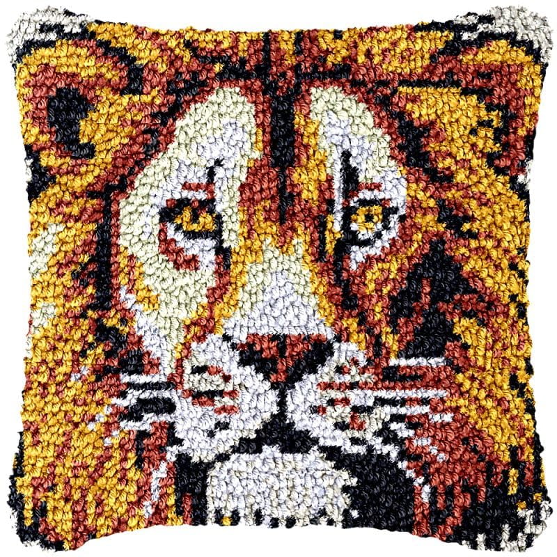 Lion Latch Hook Pillow Cover Kits for DIY Handmade Throw Pillow Cross Stitch Latch Hook Pillowcase Rug Kits with Preprinted Color Pattern Canvas Crochet Yarn Kits 17''X 17''(fv153)