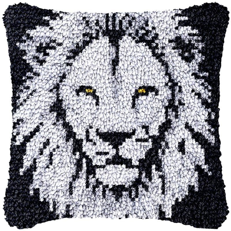 Lion Latch Hook Pillow Cover Kits for DIY Handmade Throw Pillow Cross Stitch Latch Hook Pillowcase Rug Kits with Preprinted Color Pattern Canvas Crochet Yarn Kits 17''X 17''(fv61)