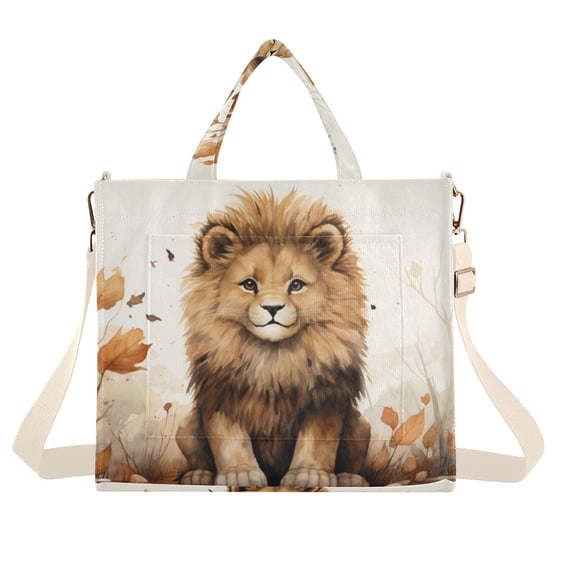 Lion Leaves Browm Corduroy Tote Bag Handbag Large Messenger Bag Shoulder Crossbody Zipper Bag Purse