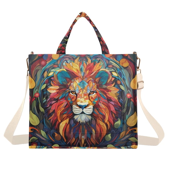 Lion Leaves Colorful Corduroy Tote Bag Handbag Large Messenger Bag Shoulder Crossbody Zipper Bag Purse