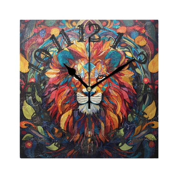 Lion Leaves Colorful Wall Clock Square Silent Non Ticking Battery Operated Clock for Home Bathroom Kitchen Bedroom Living Room