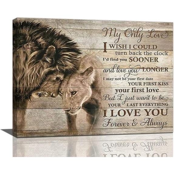 Lion and Lioness Wall Art Love Quotes Animal Canvas Prints Painting Vintage Lions Couple Pictures Framed Rustic Artwork Home Decor for Bathroom Bedroom Dining Living Room 16"x12"