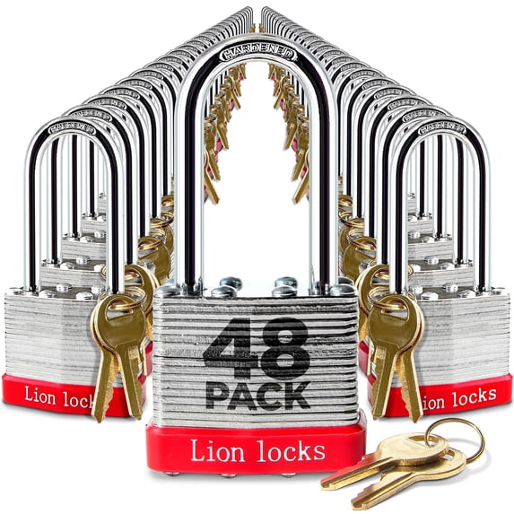 Lion Locks 48 Keyed Alike Padlocks with 2" Long Shackle, 96 Keys - Padlocks for Outdoor Use with Hardened Steel Case
