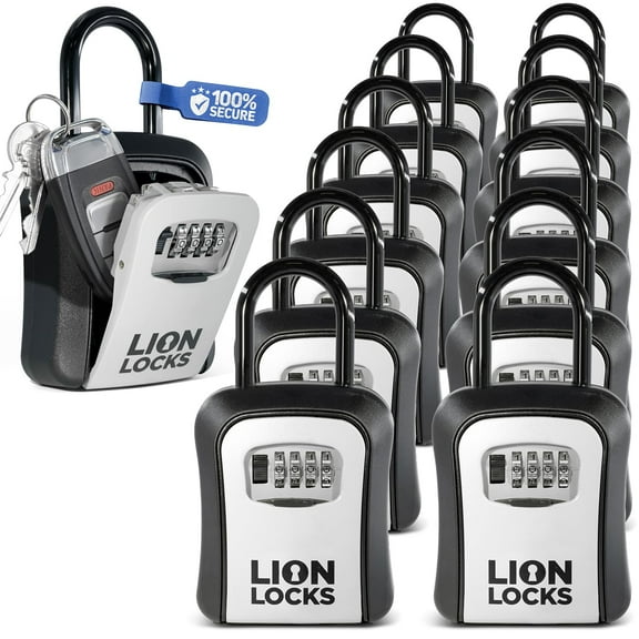 Lion Locks Key Lock Box - 12 Pack, Small Lock Box with Custom Code, Outdoor Key Safe, Hide-a-Key Lock Box for Real Estate, Airbnb, Construction, Grey