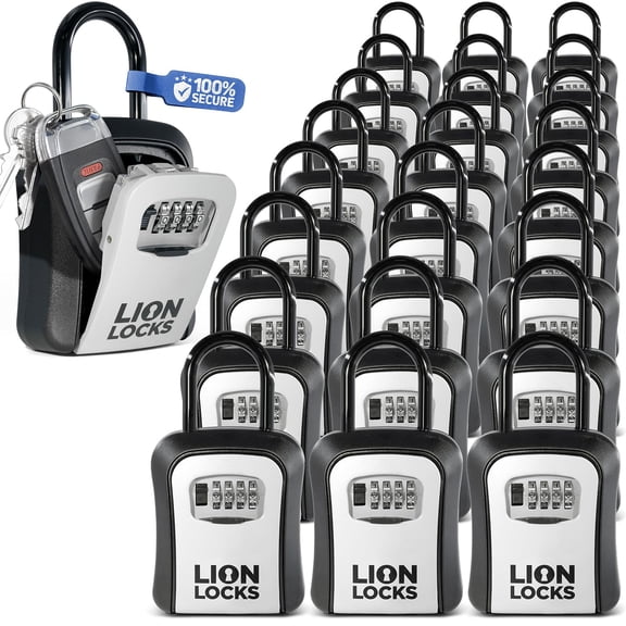 Lion Locks Key Lock Box - 24 Pack, Small Lock Box with Custom Code, Outdoor Key Safe, Hide-a-Key Lock Box for Real Estate, Airbnb, Construction, Grey