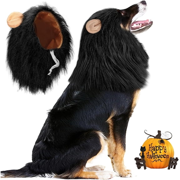 Lion Mane (Black) for Medium & Large Dogs - Adjustable Pet Costume with Faux Fur, 13.77in x 14.5in, Up to 27.55in Neck Girth, Halloween Dog Accessory